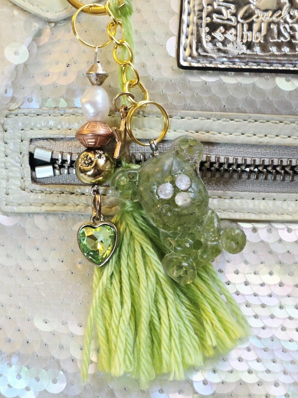 Natural Stone Peridot Lime Green Gummy Bear Tassel Keychain Charm